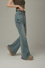 Bow Design Frayed Hem Bootcut Denim Jeans