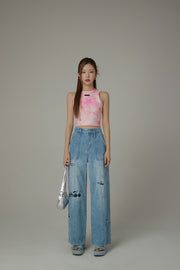 Cherry Letter Embroidered Wide Leg Straight Denim Jeans