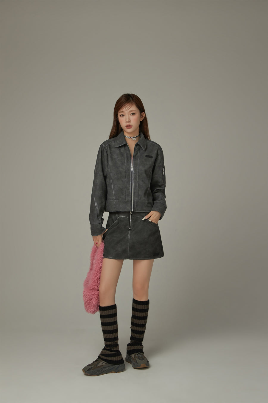 CHUU Simple Printed Leather Jacket