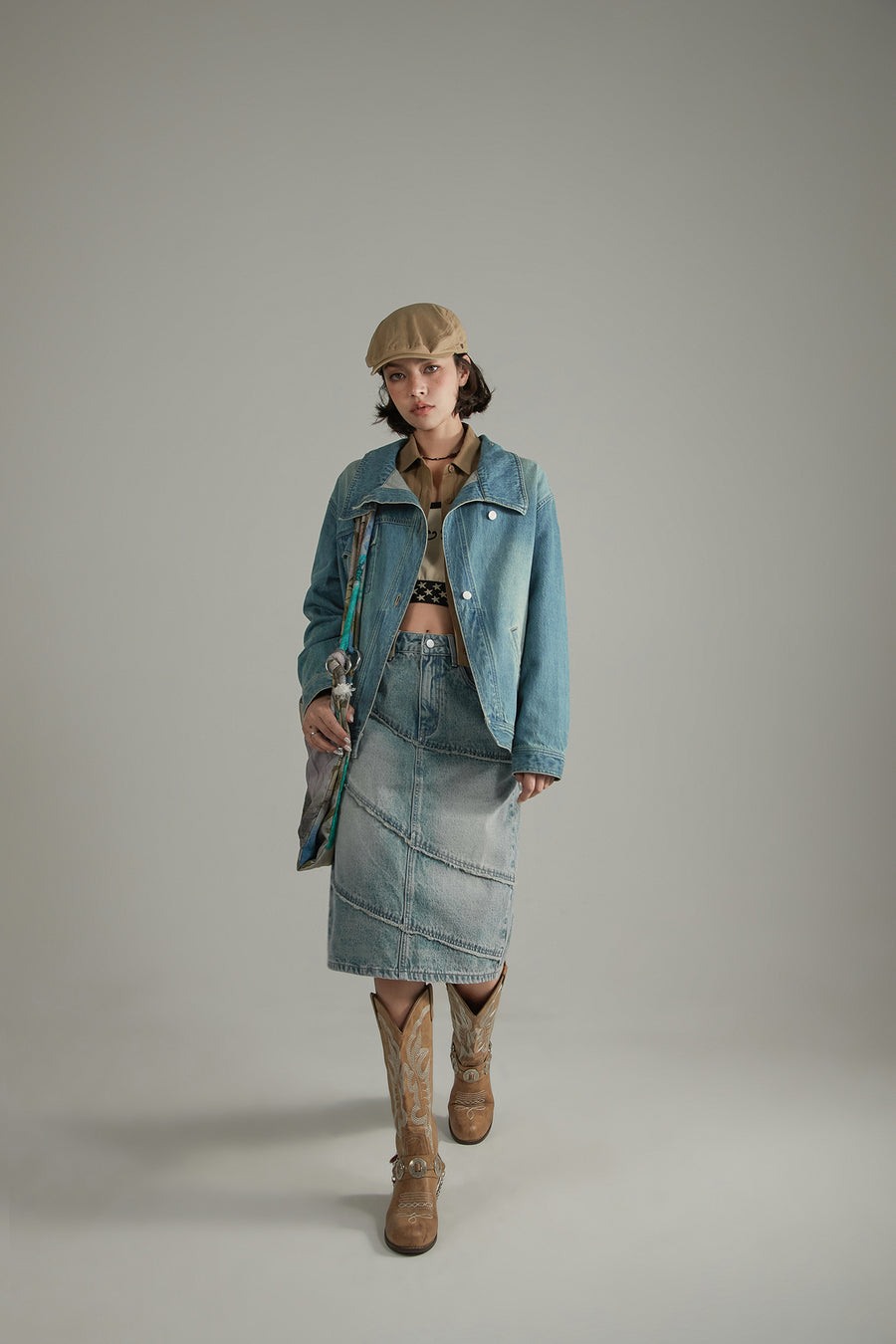 CHUU Asymmetrical High Neck Denim Jacket