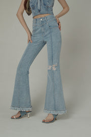 Fringed Ripped Bootcut Denim Jeans