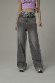 High Waist Colorblocked Double Button Illusion Straight Jeans