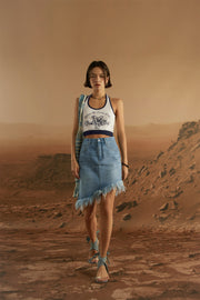 Asymmetrical Fringed Denim Skirt