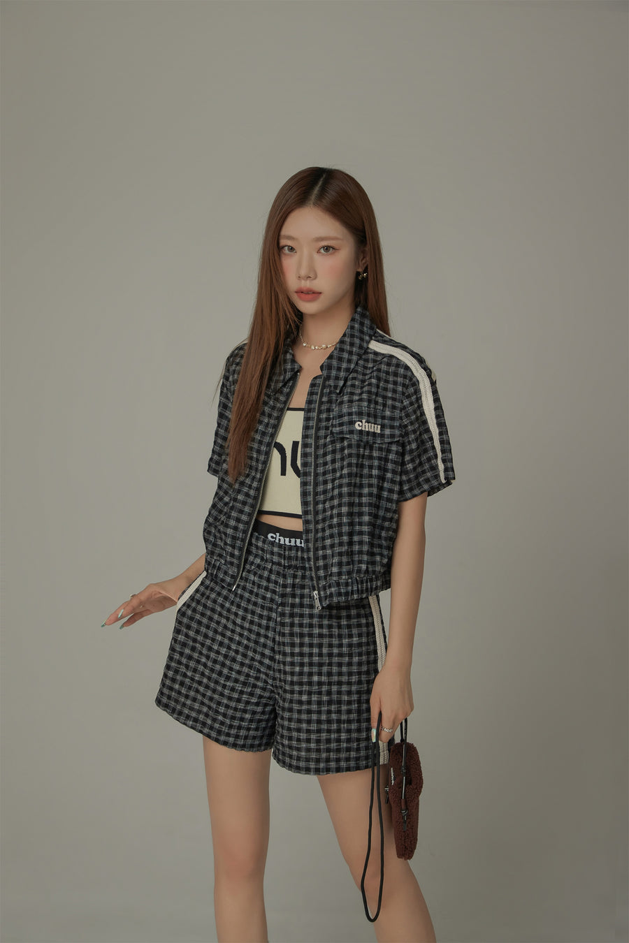 CHUU Check Zip-Up Short Sleeve Jacket