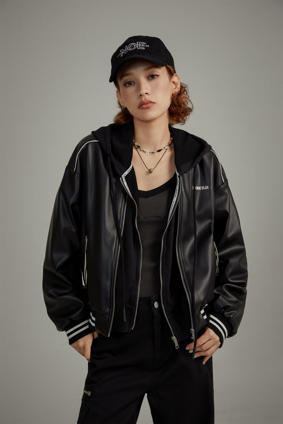CHUU Varsity Leather Zip-Up Jacket