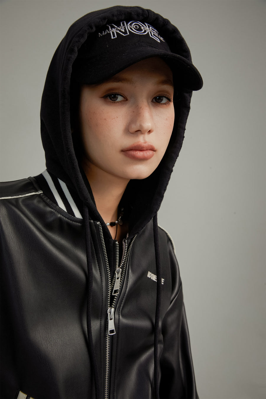 CHUU Varsity Leather Zip-Up Jacket