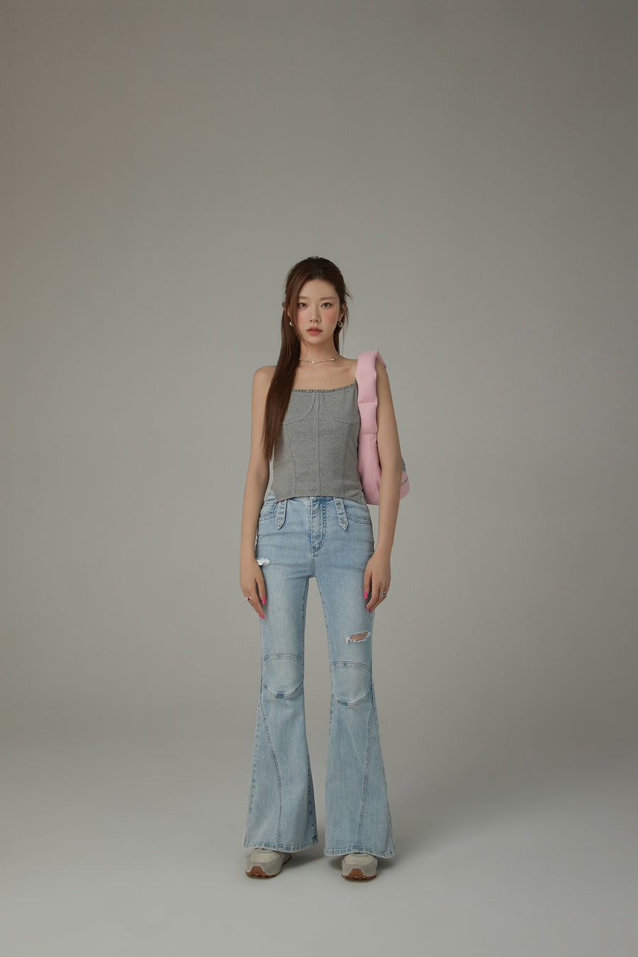 CHUU Stitch Distressed Bootcut Denim Jeans
