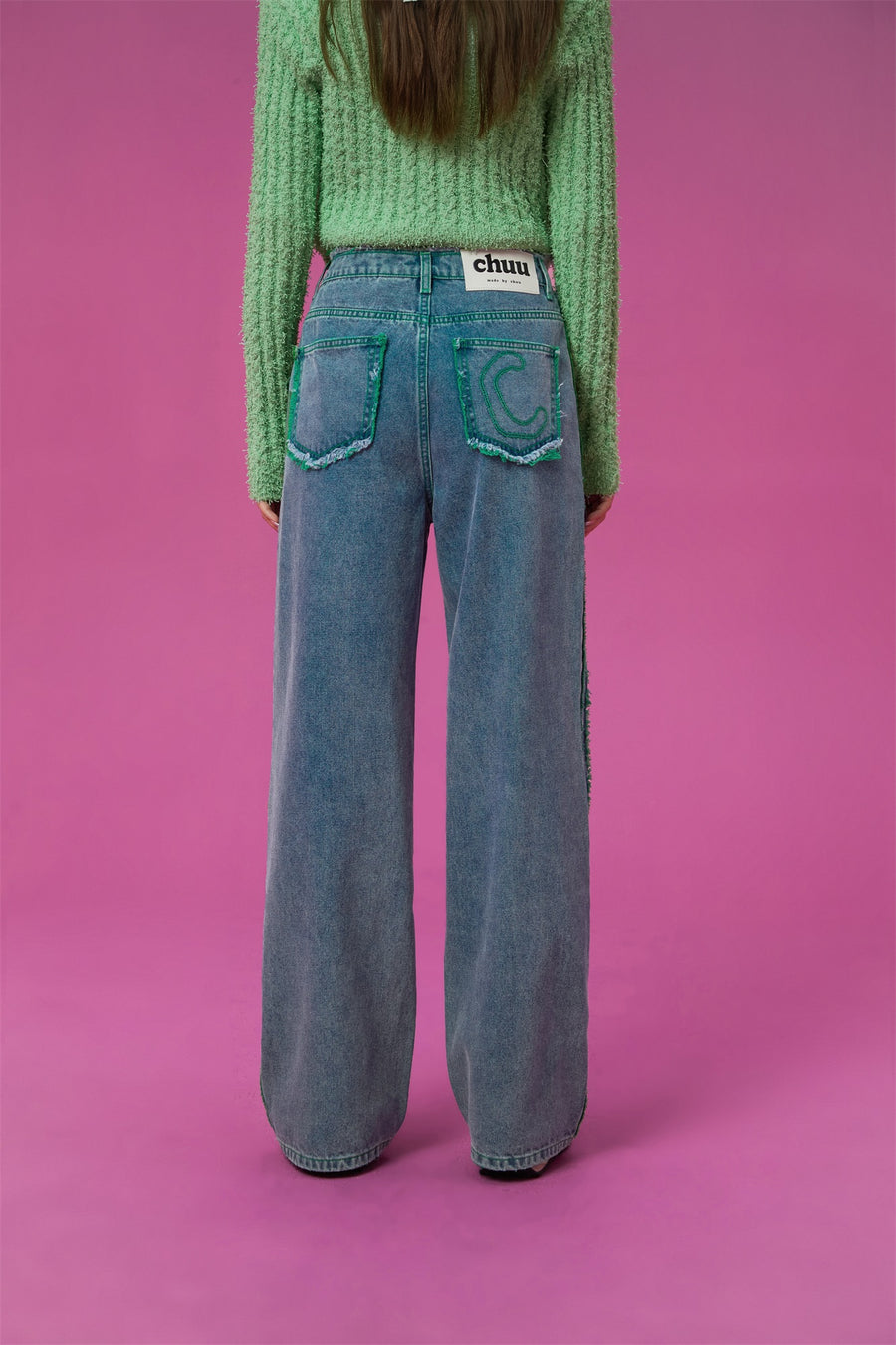 CHUU Frayed Denim Color Lined Straight Jeans