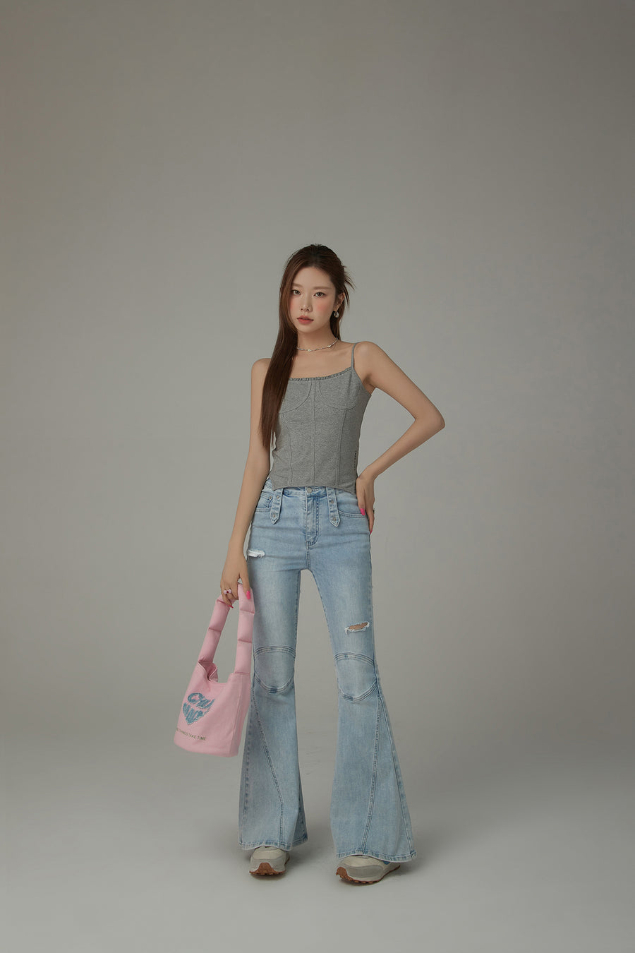 CHUU Stitch Distressed Bootcut Denim Jeans
