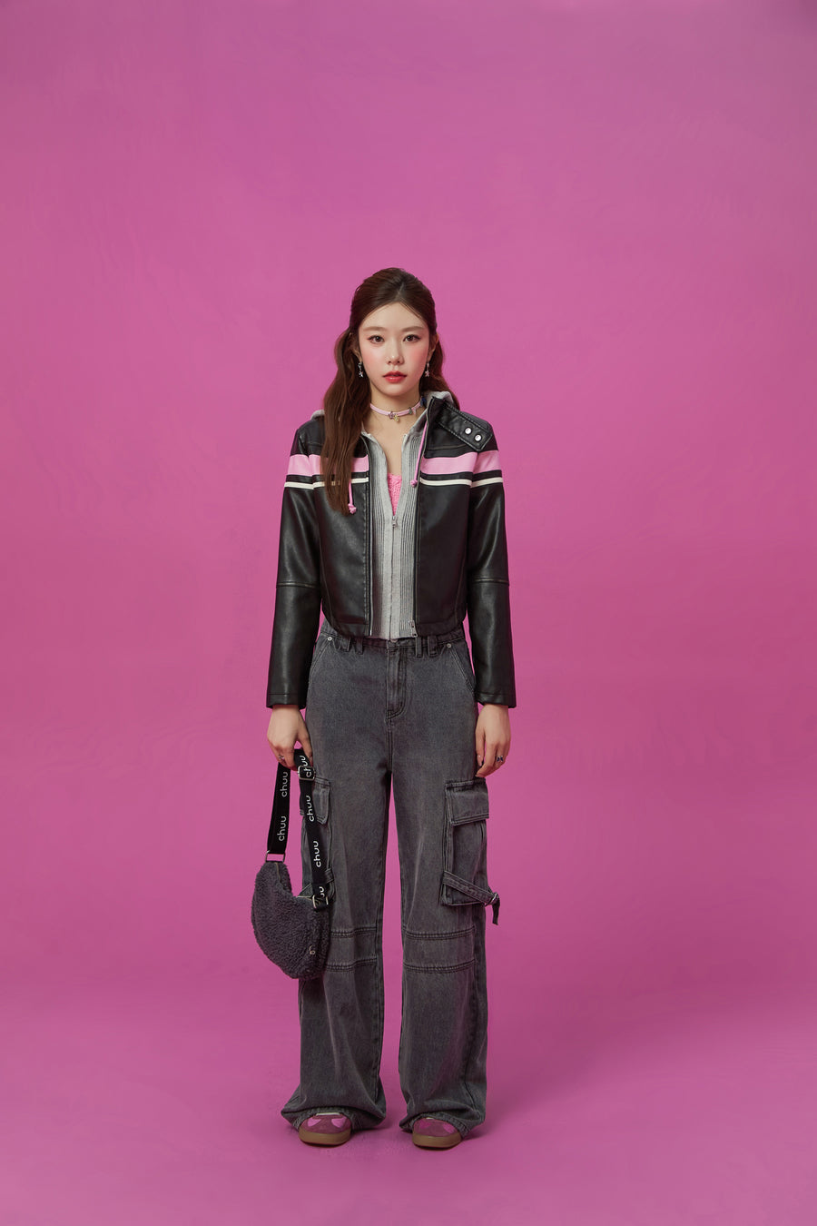 CHUU Color Combination Leather Jacket