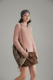 Mushroom Half Zip-Up Knit Sweater