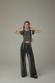 Multi-Button Waist Slit Washed Denim Jeans