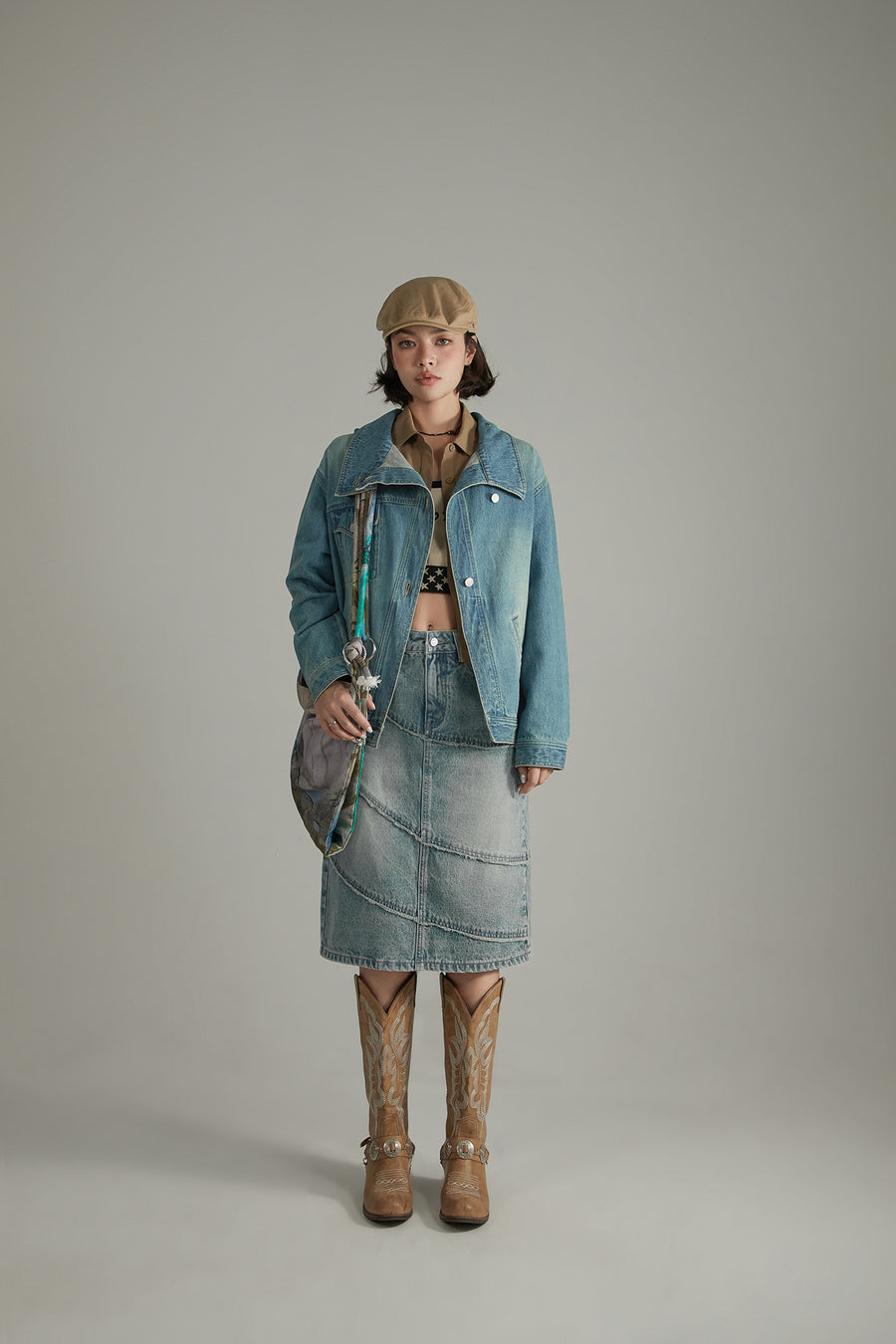 CHUU Asymmetrical High Neck Denim Jacket