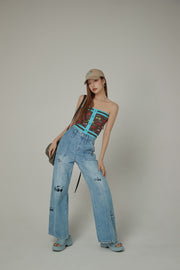 Cherry Letter Embroidered Wide Leg Straight Denim Jeans