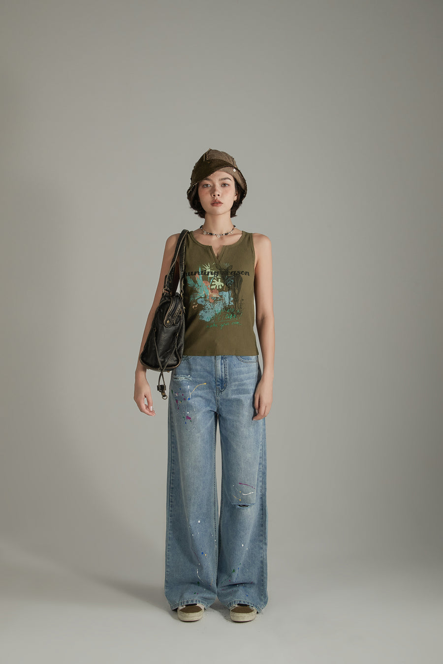 CHUU Paint Splatter Design Split Wide Denim Jeans