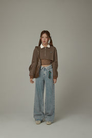 Folded Waist Collar Washed Wide Jeans