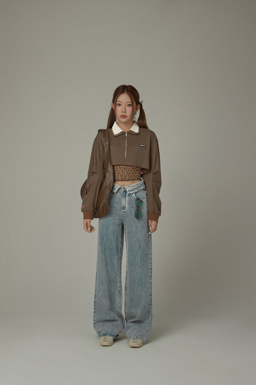 CHUU Folded Waist Collar Washed Wide Jeans