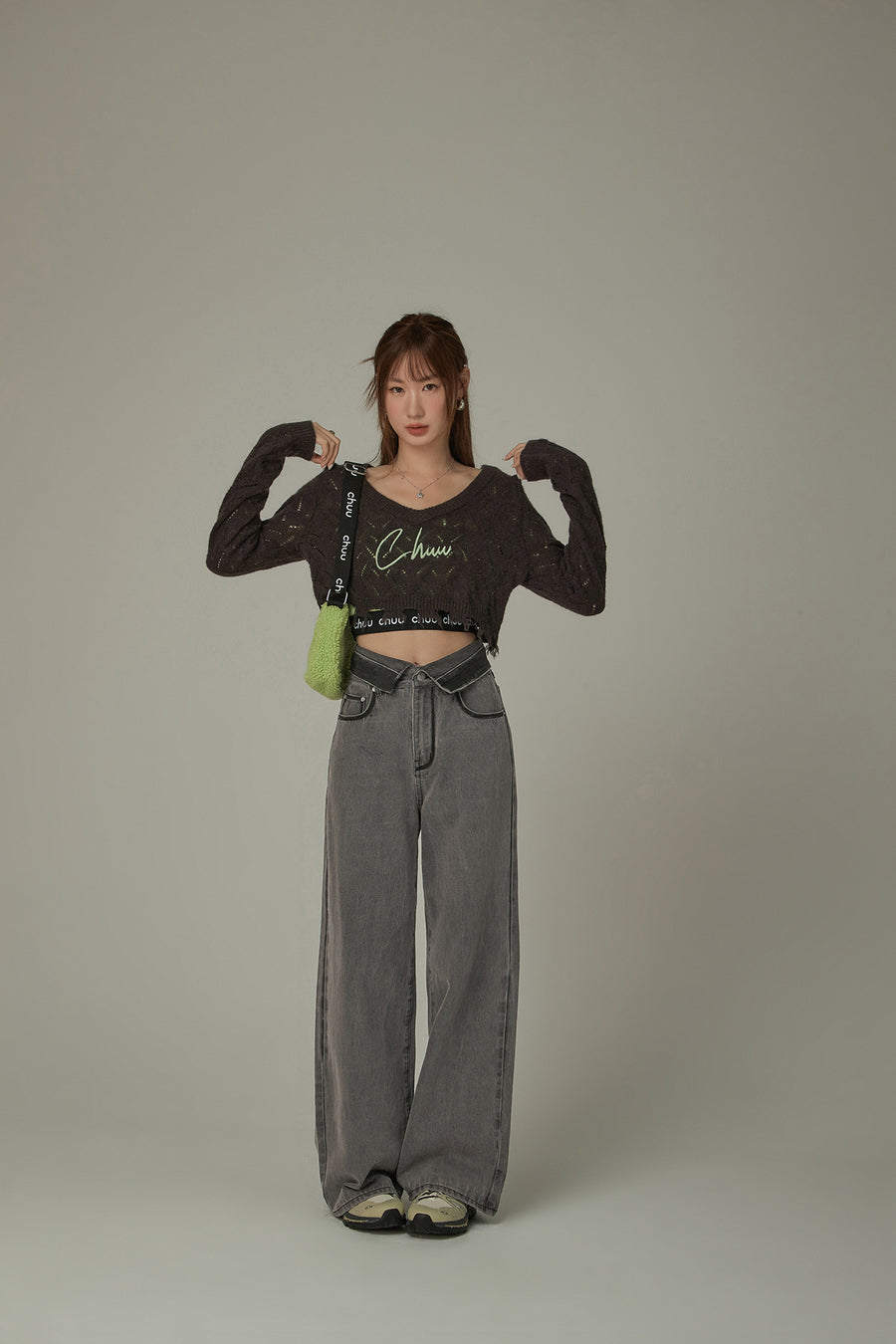 CHUU Folded Waist Collar Washed Wide Jeans