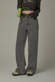 Folded Waist Collar Washed Wide Jeans