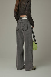 Folded Waist Collar Washed Wide Jeans