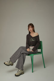 Folded Waist Collar Washed Wide Jeans