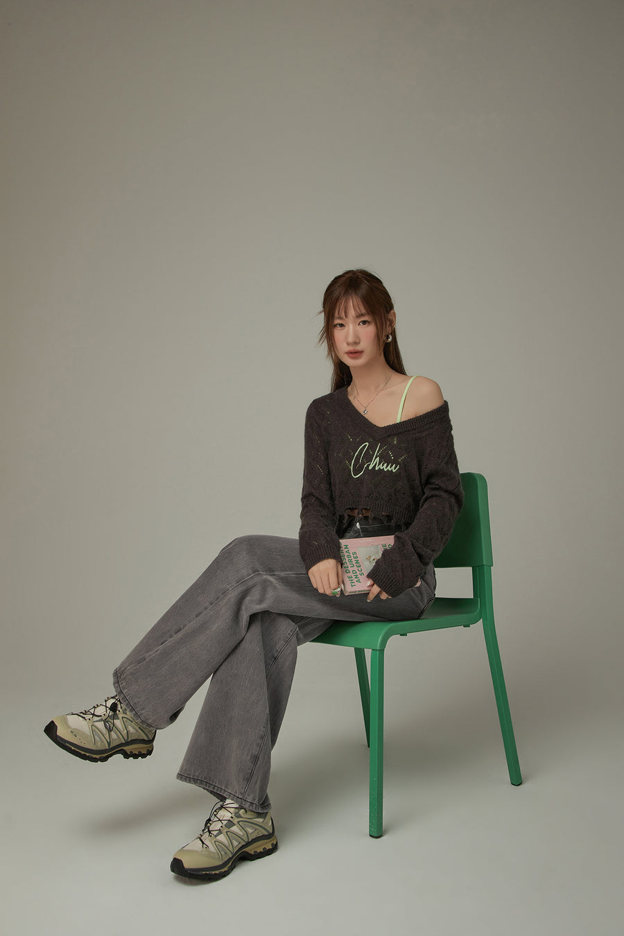 CHUU Folded Waist Collar Washed Wide Jeans