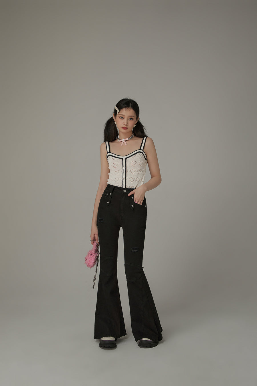 CHUU Stitch Distressed Bootcut Denim Jeans