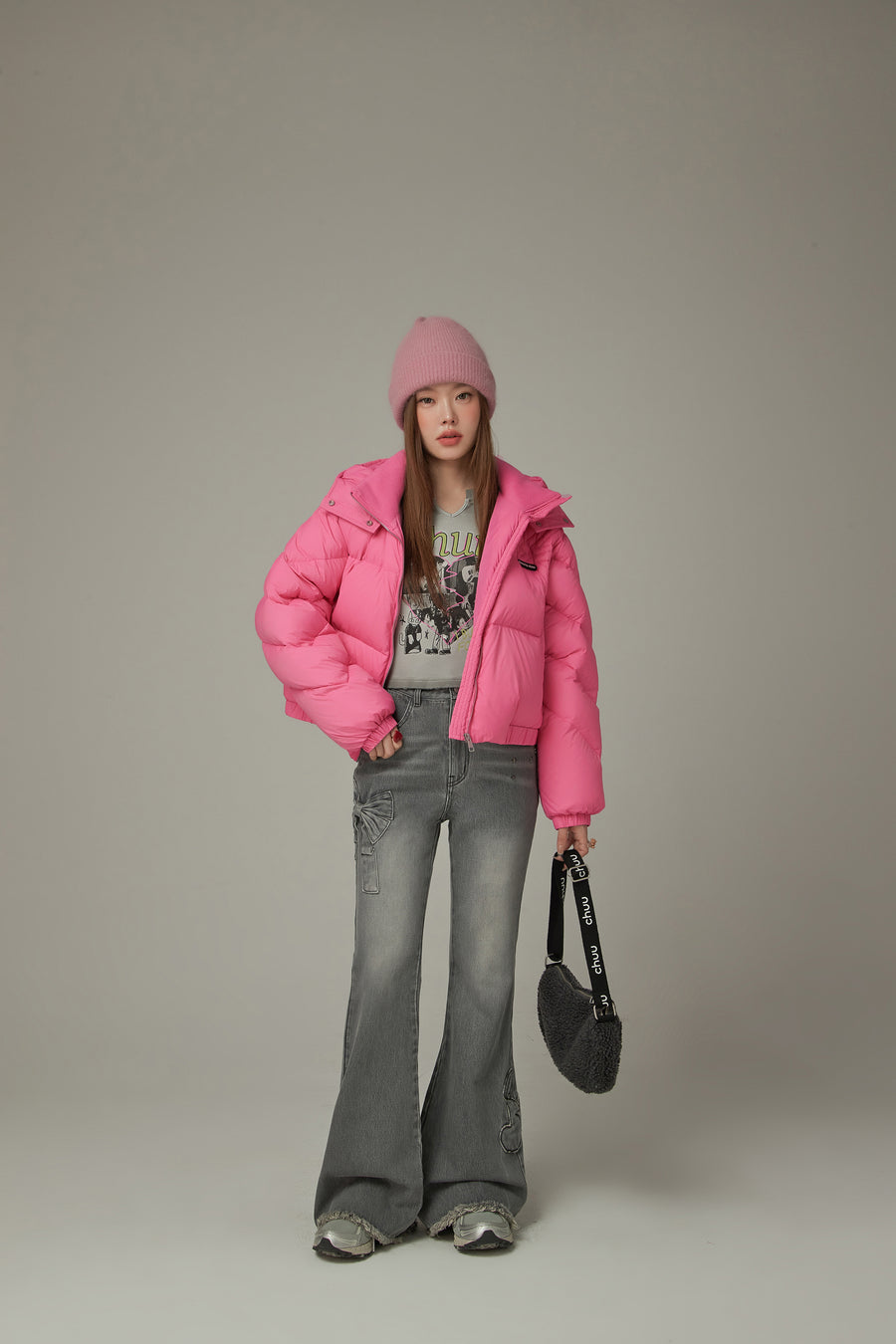 CHUU Bow Design Frayed Hem Bootcut Denim Jeans