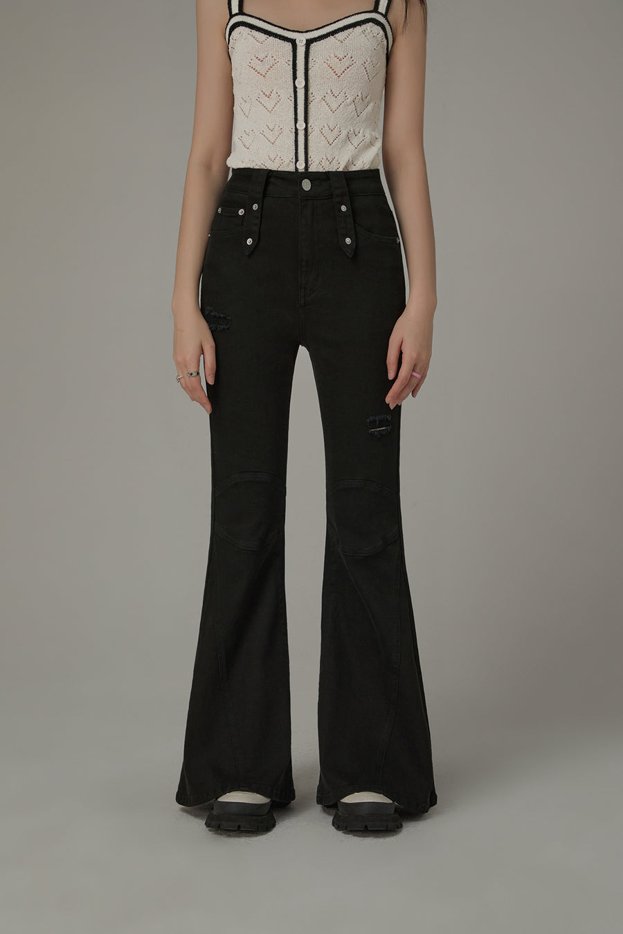 CHUU Stitch Distressed Bootcut Denim Jeans