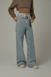 Folded Waist Collar Washed Wide Jeans