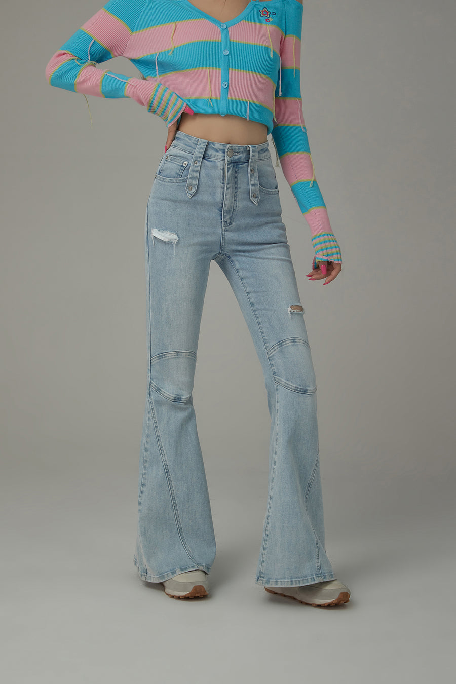 CHUU Stitch Distressed Bootcut Denim Jeans
