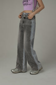 High Waist Colorblocked Double Button Illusion Straight Jeans