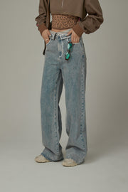 Folded Waist Collar Washed Wide Jeans
