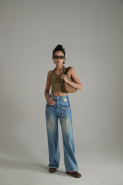 Front Pocket Design Wide Straight Denim Jeans