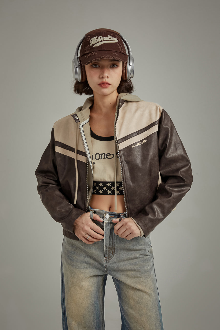 CHUU Color Combination Leather Jacket