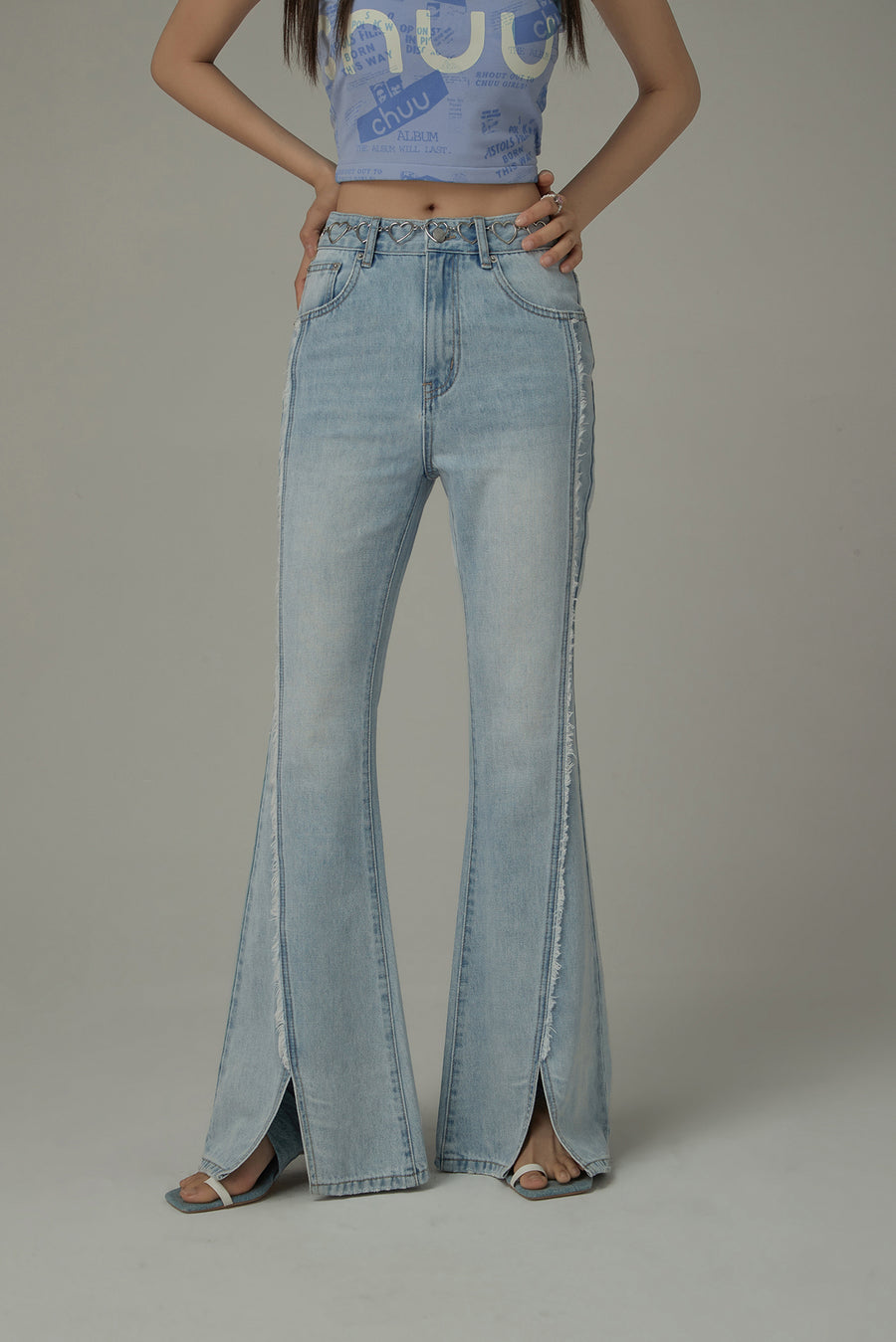 CHUU Fringe Stitch Slit Bootcut Denim Jeans
