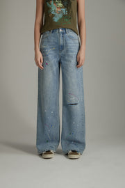 Paint Splatter Design Split Wide Denim Jeans