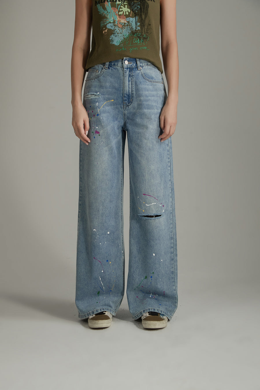 CHUU Paint Splatter Design Split Wide Denim Jeans