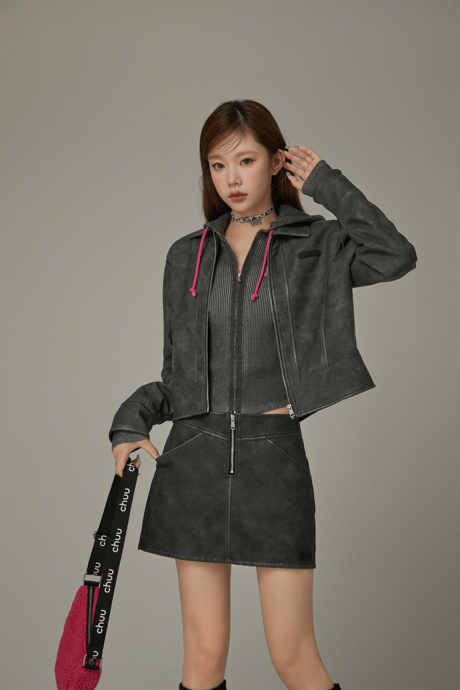 CHUU Simple Printed Leather Jacket