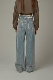 Folded Waist Collar Washed Wide Jeans