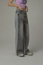 High Waist Colorblocked Double Button Illusion Straight Jeans