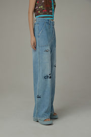 Cherry Letter Embroidered Wide Leg Straight Denim Jeans