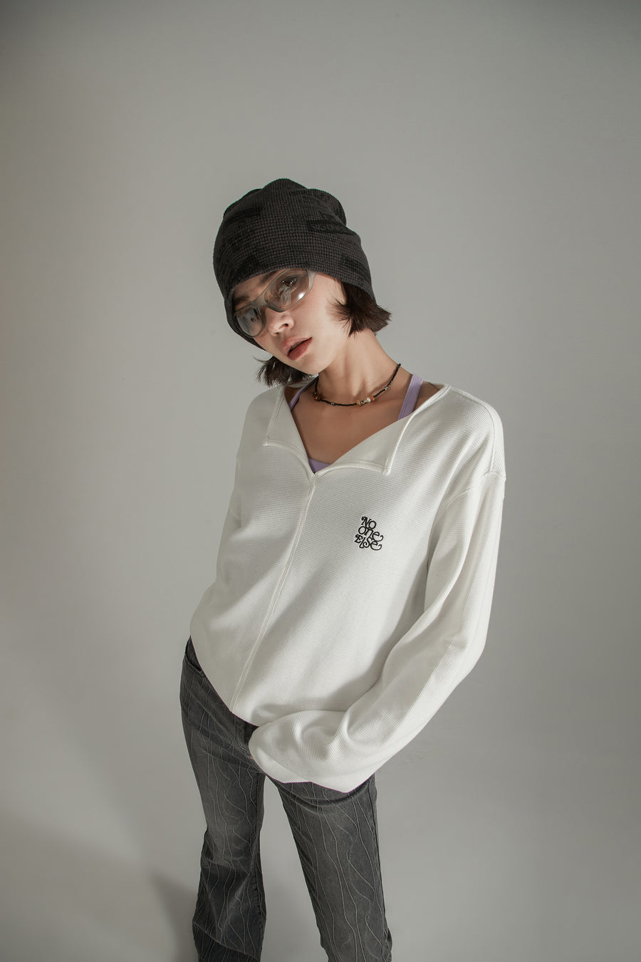 CHUU Logo Basic Open Collar Long Sleeve T-Shirt