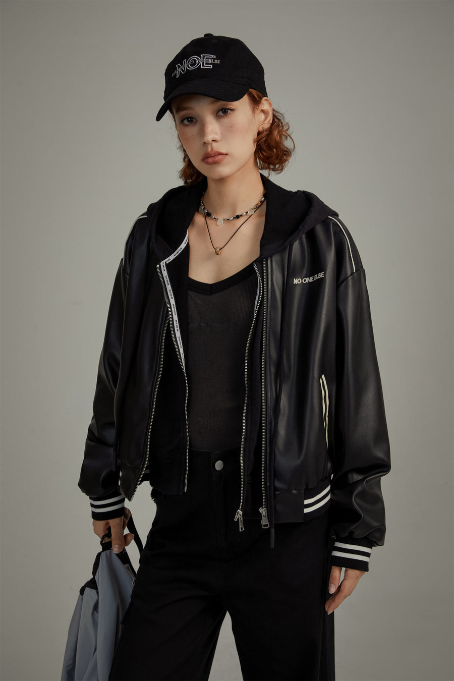 CHUU Varsity Leather Zip-Up Jacket
