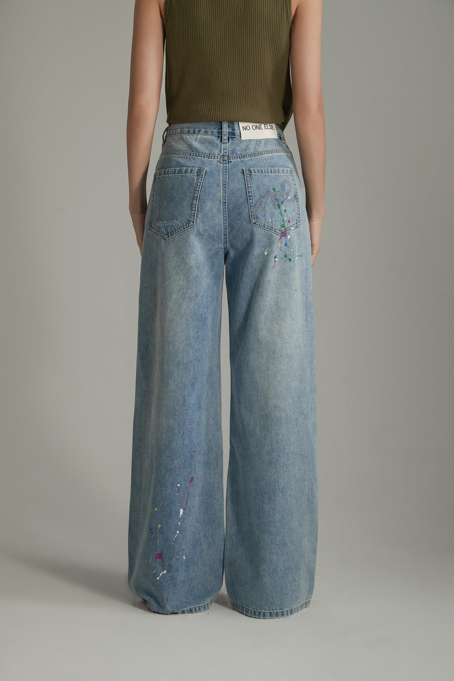 CHUU Paint Splatter Design Split Wide Denim Jeans