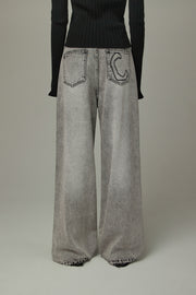 Lined Washed Wide Denim Jeans