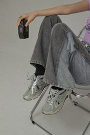 High Waist Colorblocked Double Button Illusion Straight Jeans