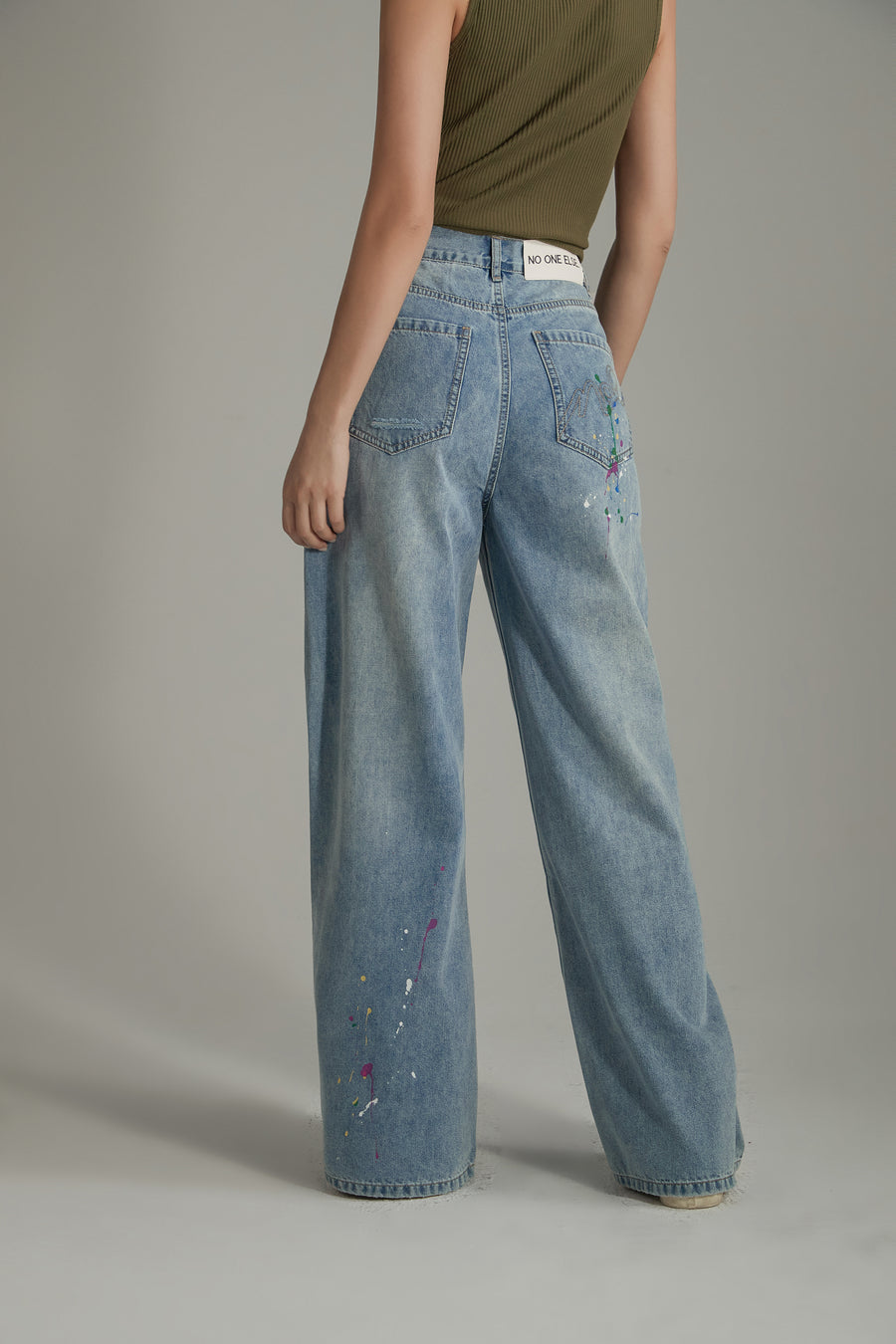 CHUU Paint Splatter Design Split Wide Denim Jeans