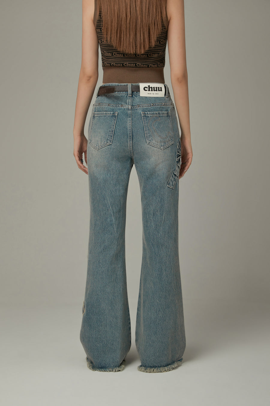 CHUU Bow Design Frayed Hem Bootcut Denim Jeans