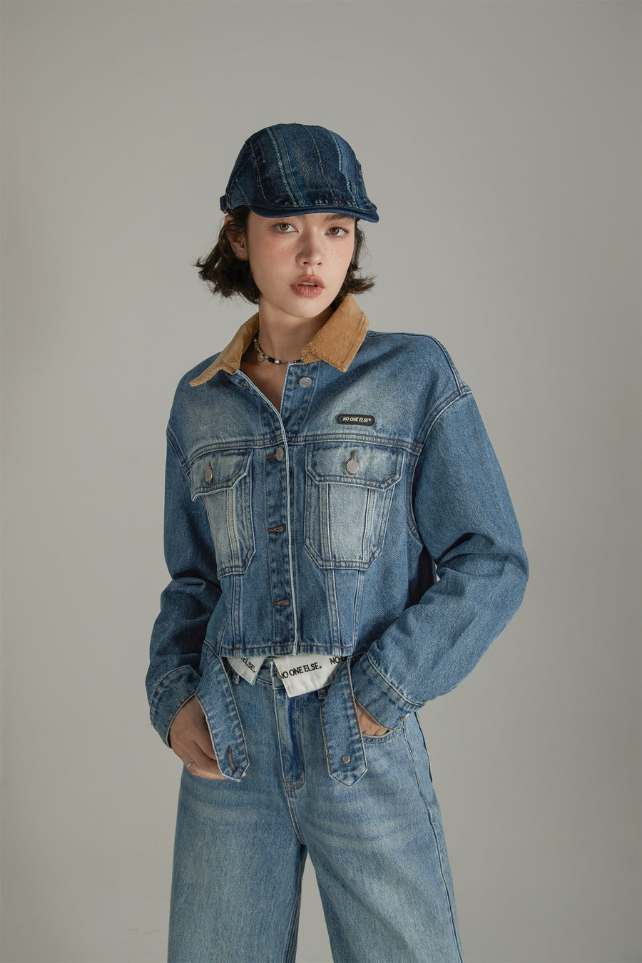 CHUU Color Collar Stitching Retro Denim Jacket